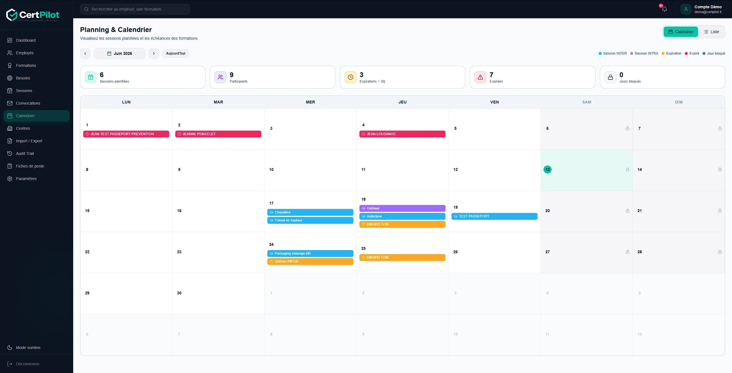 Calendrier des sessions de formation dans CertPilot