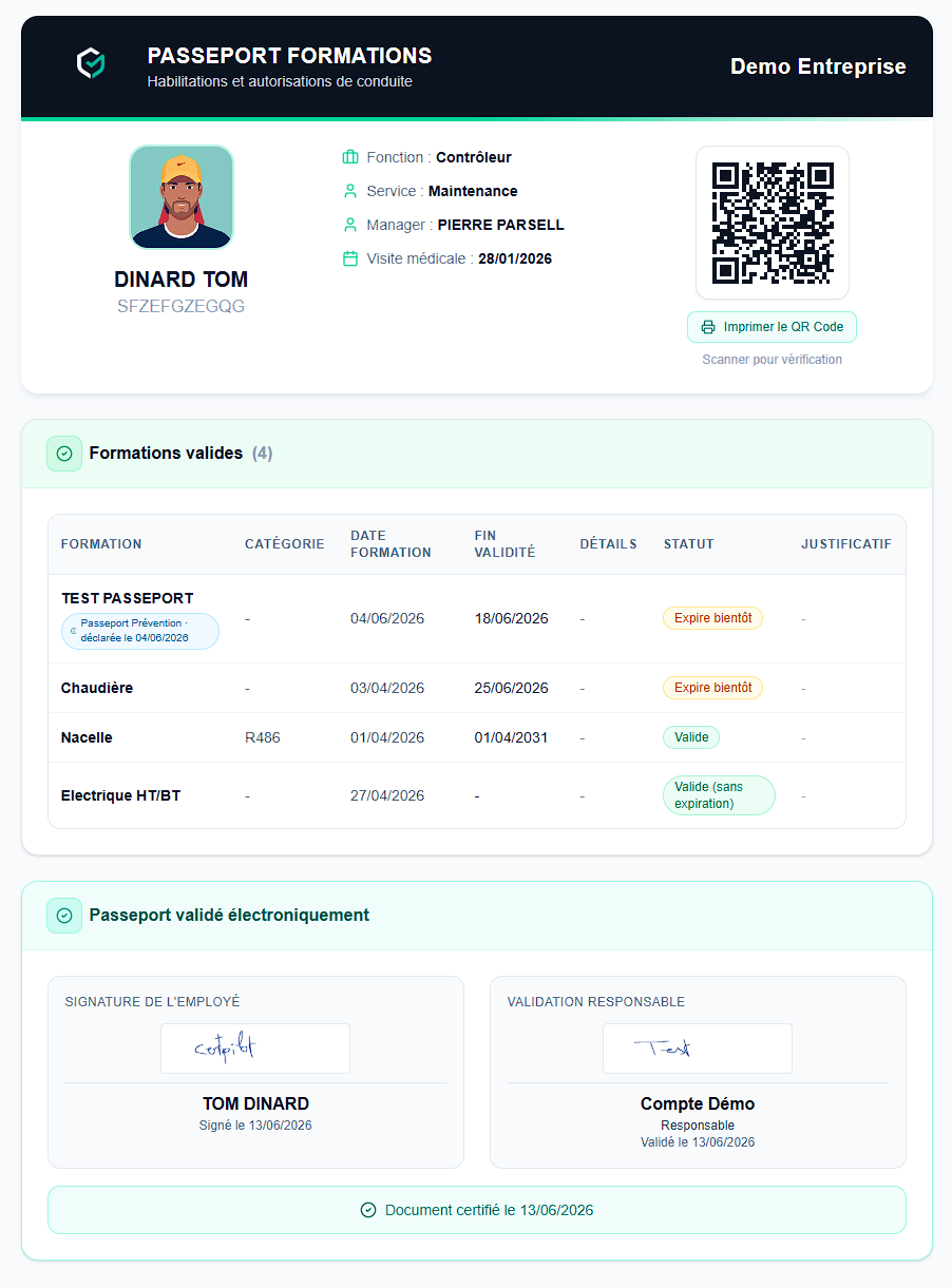Passeport formation public vérifiable par QR code et signé électroniquement