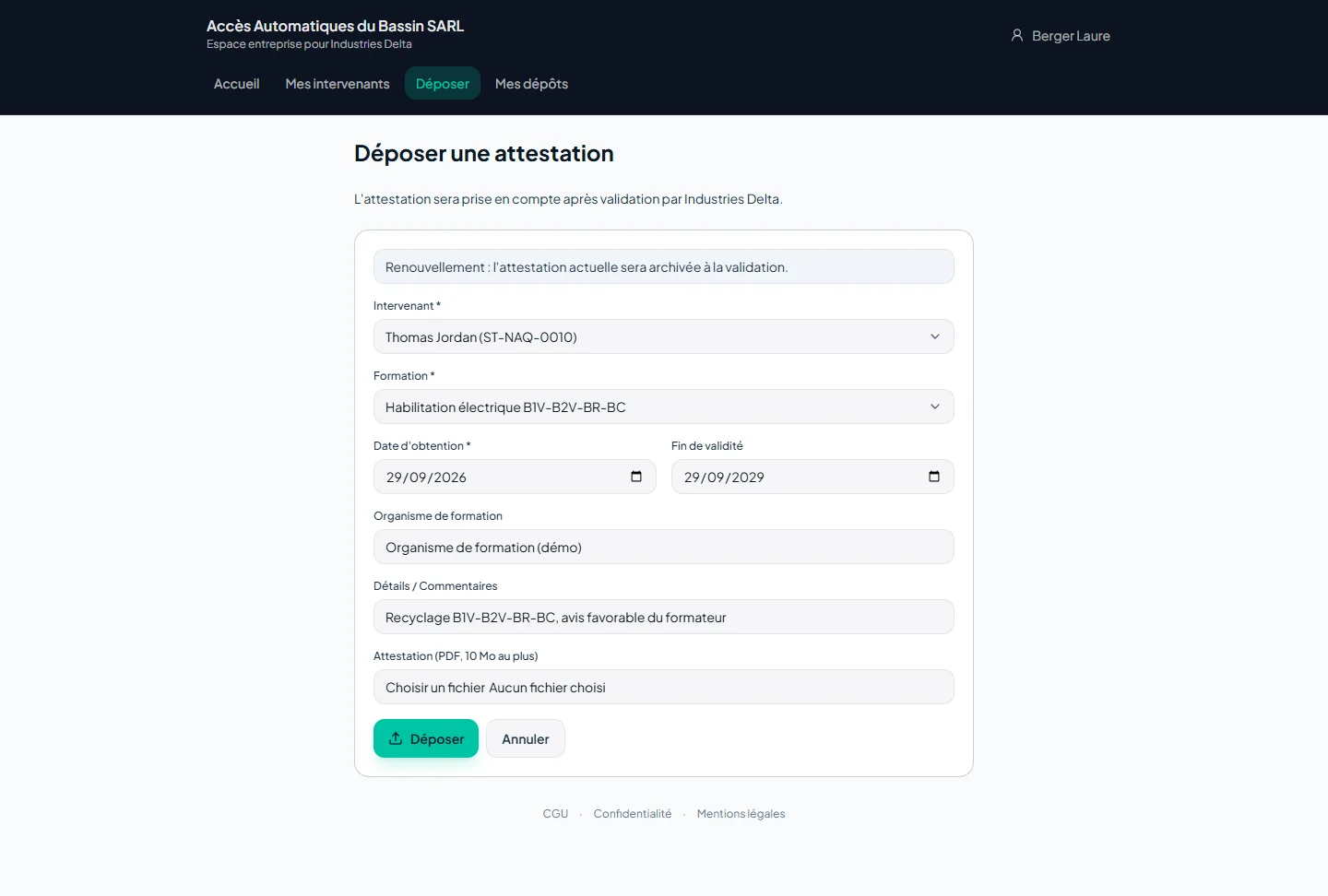 Formulaire de dépôt d'une attestation de formation dans l'espace du sous-traitant