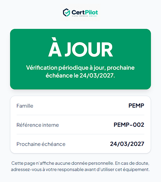 Page publique d'un équipement ouverte en scannant son QR code
